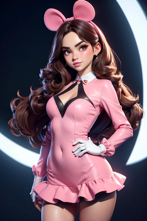 Minnie Mouse de pie, cara hermosa y sexy, ojos con forma, labios llenos. cuerpo delgado, impresionante belleza, vibrante, Integral kinematics, 8K, cinematic lighting, mejor calidad, 4k, Cuerpo perfecto, piernas largas perfectas, (medias blancas), ((traje rosa)), cuerpo diminuto, cuerpo delgado, cintura diminuta, long brown hair