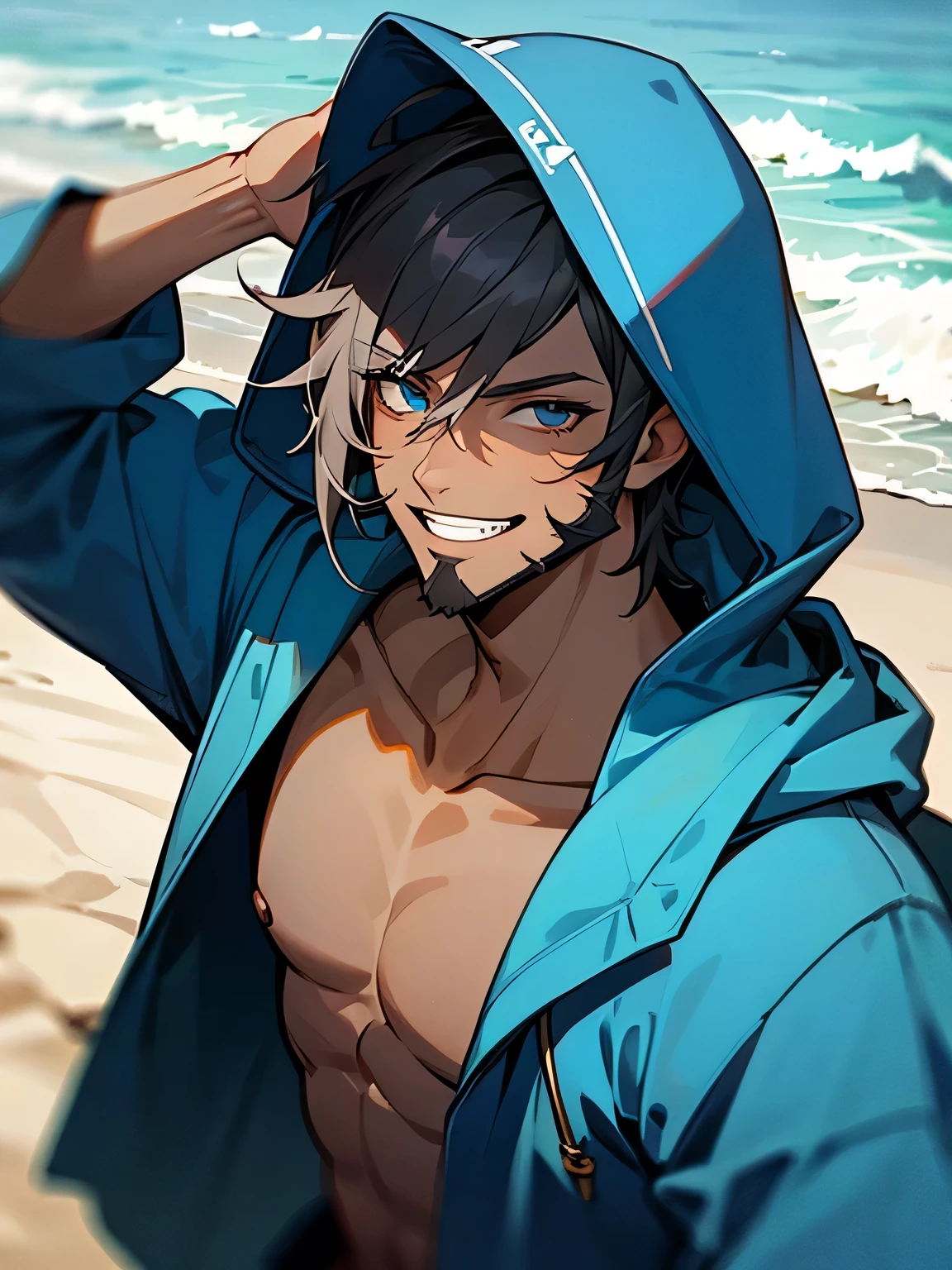 solo, male, looking at viewer,upperbody, cap, hooded, dark skin, beard,grin, cerulean blue hoodie, male eyes, male nose, male mouth, muscle:0.6, sea, beach