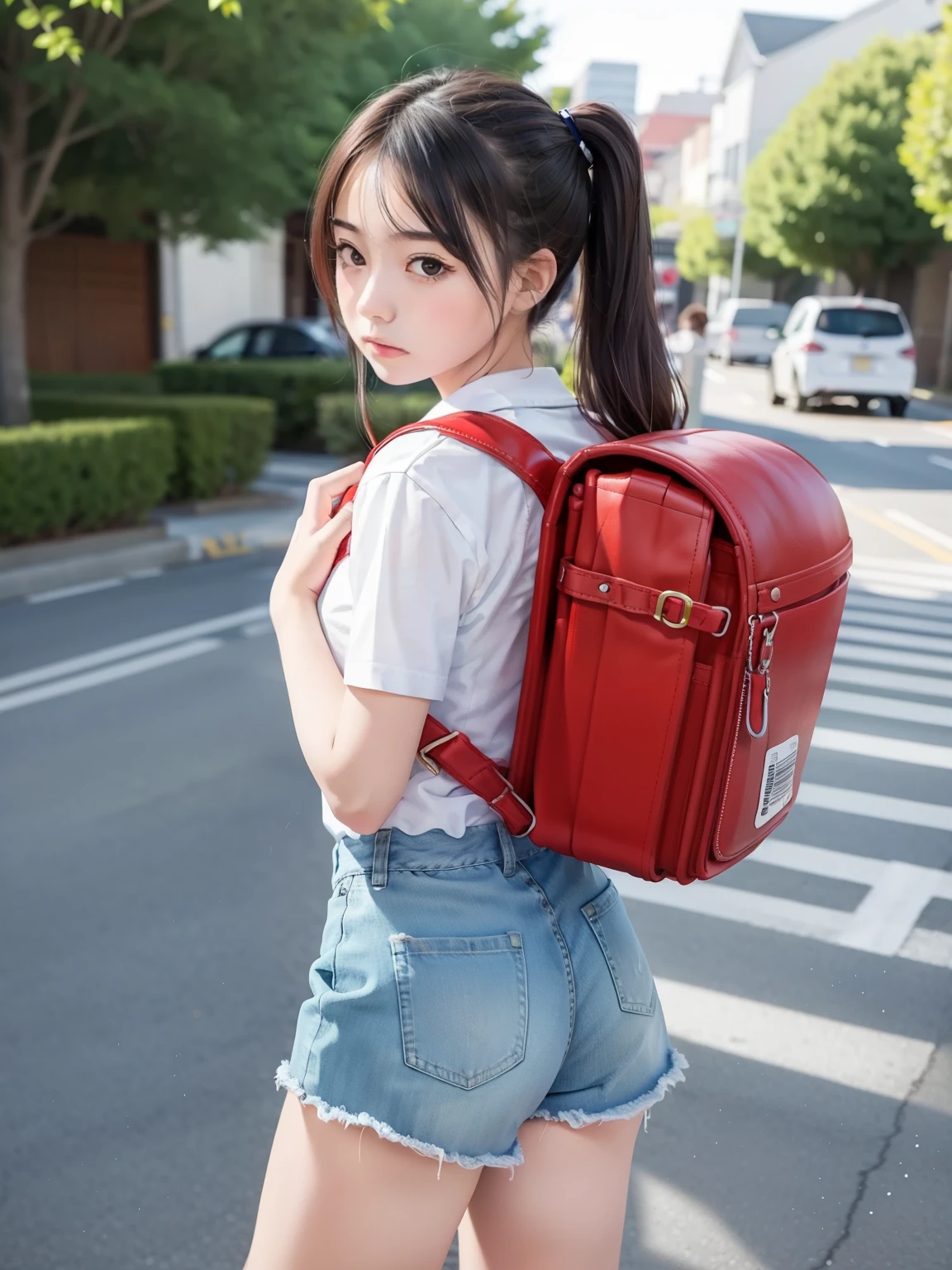 Masterpiece, hd, 1girl, 20 y.o, black hair, ponytail, wear white shirt, denim minipants, wear sneakers, carrying red backpack, standing, upper body, city