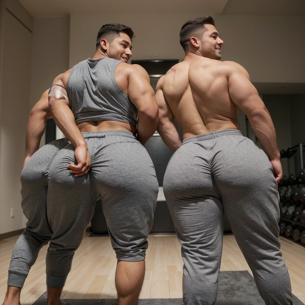 Two men on a bed, Birds Eye view, snuggling, cuddling, holding each other, athletic, fit, ripped, wearing grey sweatpants, thick asses, big bubble butts, huge asses, big ass, round ass, wide ass, full ass, juicy ass, comically massive ass