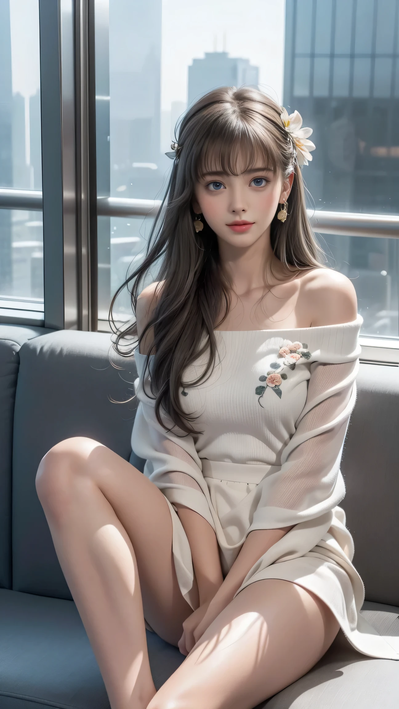 （Girl sitting on sofa in office)、Beauty、 One Girl、alone、Long Hair、Viewer、smile、blue eyes、hair ornaments、、gem、Gray Hair、Shut your mouth、Blunt bangs、Manicure、bracelet、lips、Grey Eyes、Portraiture、Red nails、close、Red lips、Put your hands on your face、Place your hand on your cheek、()、(Shiny skin)、((Skyscrapers are hazy outside the window))、(Off-shoulder white dress with floral pattern),),((Girl with her legs slightly apart)),(Leg spread),((White panties are visible)),（Lift-up skirt)、