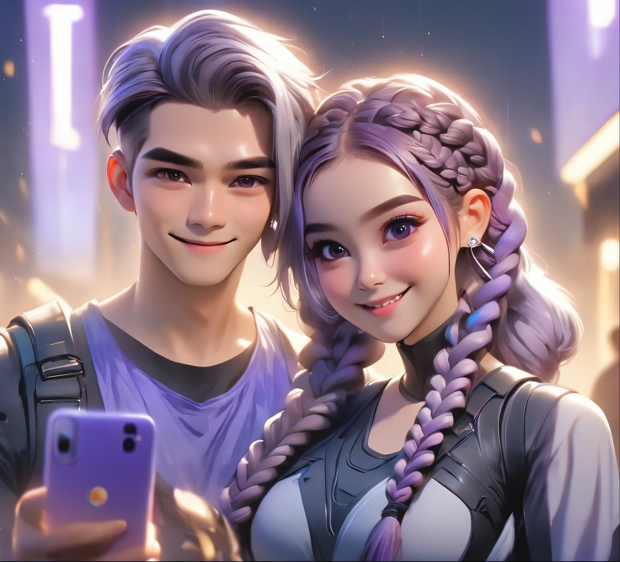 1 boy,Girl with purple and white gradient double braids,romantic couple,Smiling Face,as thick as thieves,Background blur,high quality,Artistic sense,cinematic atmosphere,Luxury lighting