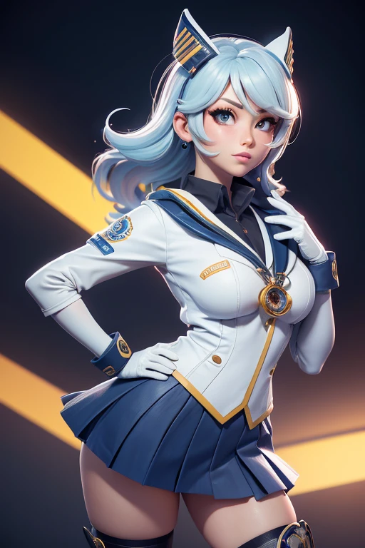 de cerca, 1 chica, marineros, Tsukino Usaki, (uniforme marinero senshi:1.2), (ojos aguamarina:0.9), pelo rubio, pelo medio, wedge skirt, mejor calidad, pendientes, obra maestra, high resolution, detalles intrincados, (realista)), Photography, (blanco elbow gloves:1.1), joyas, pechos medianos, cuerpo completoesbiano, dynamic background, dynamic pose, blanco,3d,c4d,renderizado por octanaje