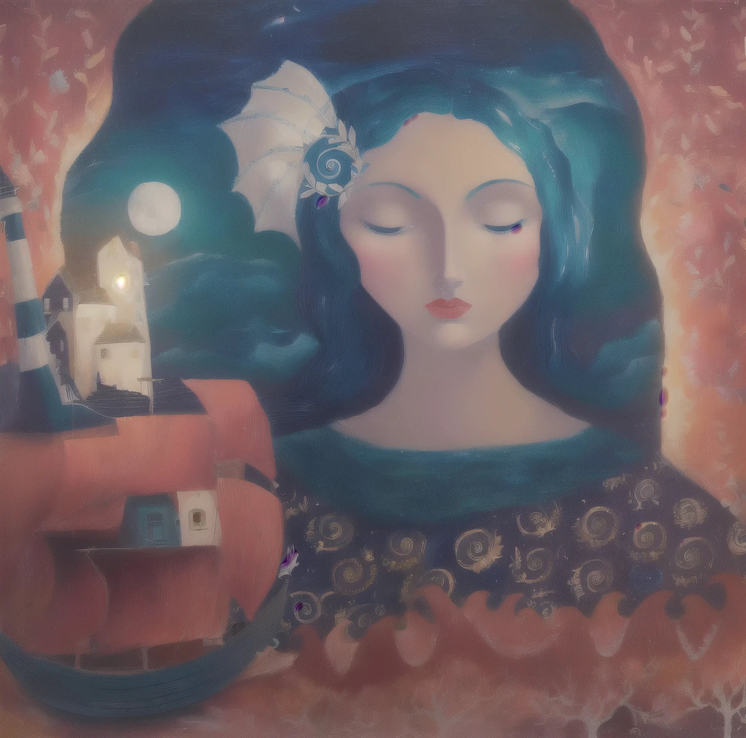 painting of a woman holding a boat with a lighthouse in the background, catherine nolin, maya bloch artwork, nautical siren, whimsical portrait, portrait of a norse moon goddess, inspired by Marianne von Werefkin, whimsical art, by Dóra Keresztes, inspired by Juan de Valdés Leal, by Virginia Lee Burton