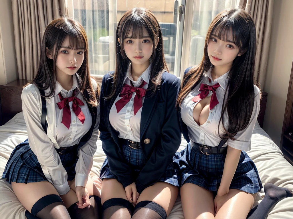 (8K, Raw photography, top-quality, masterpiece:1.2), master piece, best quality, illustration, Super detailed, fine details, High resolution, 8K,wall paper, perfect dynamic composition,(Details High quality, realistic depiction of eyes:1.3), ((2 girls, 2 schoolgirls)), The background is a luxury hotel room、High school girl uniform、blazer 、Super Short Check Uniform Skirt、Navy blue high socks、garterbelts、Colossal tits、Disturbed uniform, Play with each other,Touching each other's bodies,Touching the body of the girl next door, short bob hair, black hair color, huge breasts, Big Natural Color Lip, bold sexy pose, (perfect body shape), crying a little、cold gaze, Beautiful makeup,glitter makeup,Cutest 18 years old, beautiful legs, hposing Gravure Idol, Voluptuous thighs