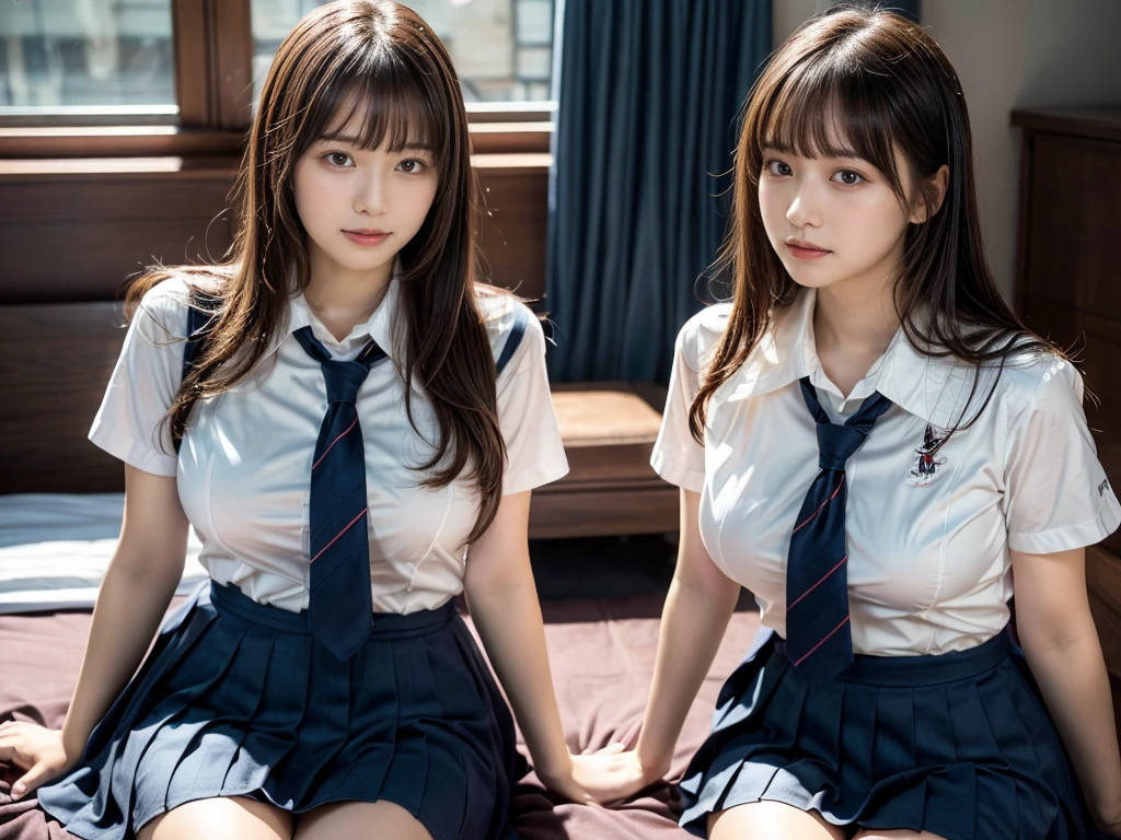 (RAW photo, 4k, masterpiece, high resolution, extremely complex) (realistic: 1.4), cinematic lighting
((2 girls, 2 schoolgirls)),Slam Dunk's,blushing,((innocent)),(Dark makeup),bright eyes,round eyes,blunt bangs,(straight hair:1.3),black hair,large breasts,wide hips,Summer Noon, 20 year old girl、cute type、ta,Hot, (Best Quality), (Highres), (an Extremely Delicate and Beautiful),(Beautiful 8k face),(Brown eyes),short bob hair,( spectators),(gigantic breasts),(Play with each other,Touching each other's bodies,Touching the body),(Japanese high school uniform:1.3),blue skirt,(reality),bright lighting,(The background is a luxury hotel room)