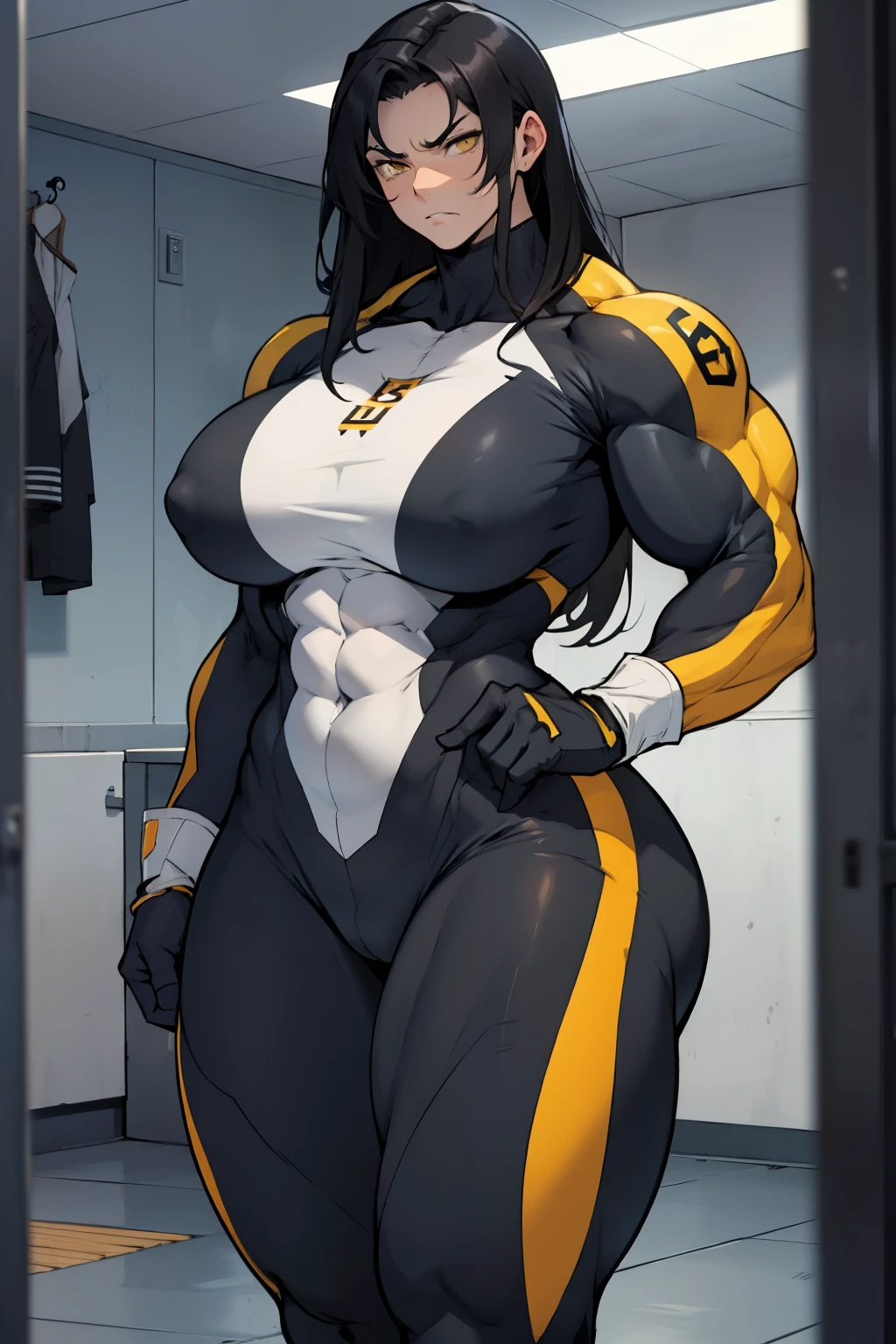 huge muscles huge breasts huge thighs pale skin black hair yellow eyes very long hair muscular girl sad frown expressionless huge muscles huge breasts huge thighs huge muscles huge breasts huge thighs skintight suit