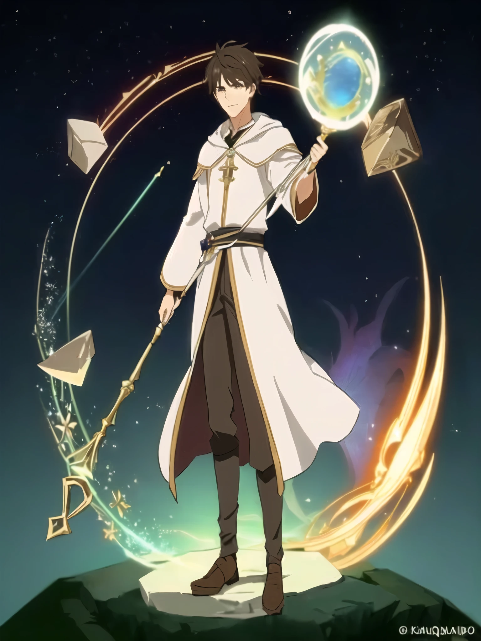 um homem de jaleco branco segurando um cajado e uma esfera de pedras, picture of a male cleric, carrying a magic staff, male magic wizard pose, Jovem Mago, cleric, alquimista de fantasia masculino magro, pose de mago, keqing do impacto genshin, alquimista masculino jovem e magro, mago de fantasia, holding a magic staff, anime isekai popular