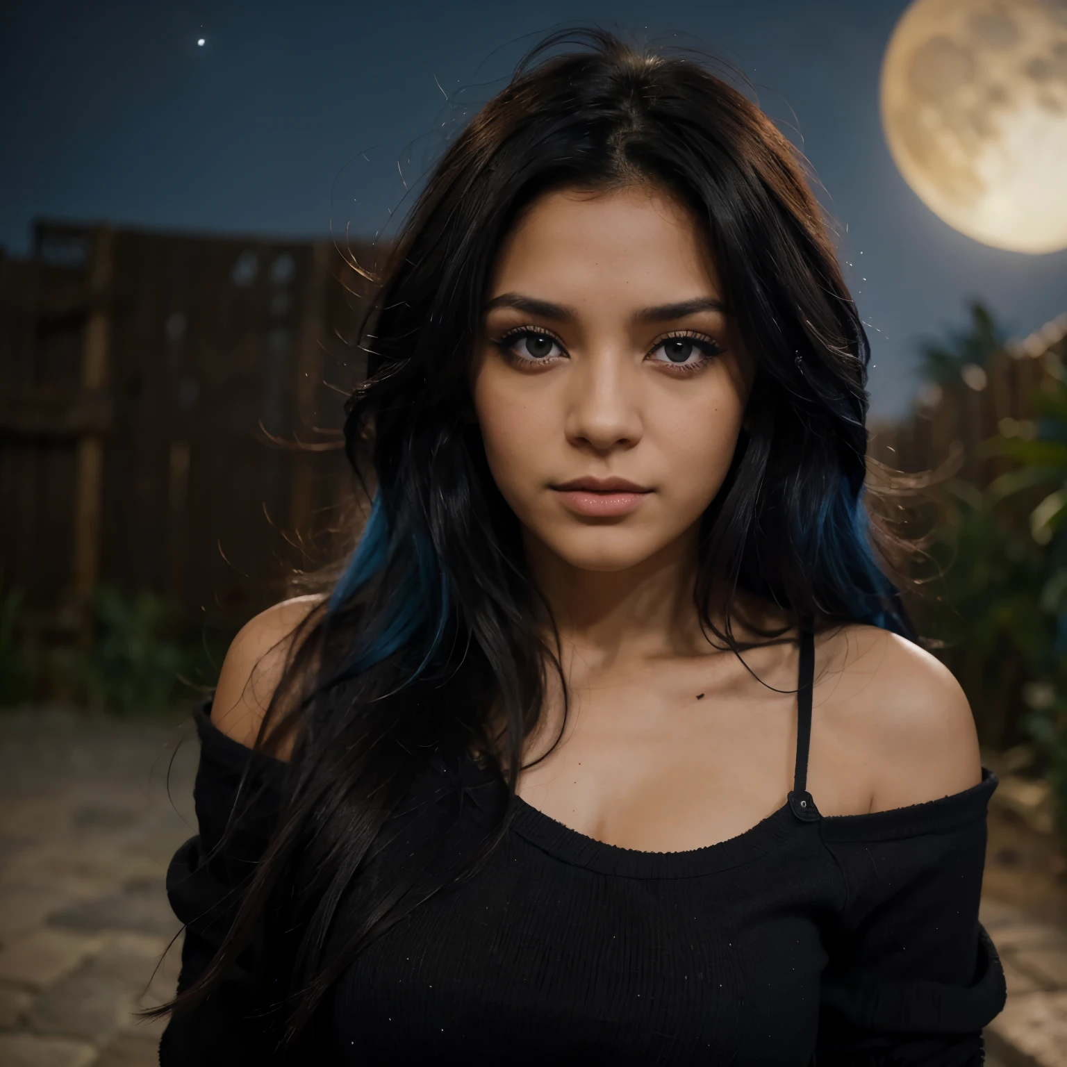 Cabello largo con volumen color negro ojos azules claros con serpientes en su pelo alrededor de sus rulos con una mancha de una luna en su mejilla y mujer