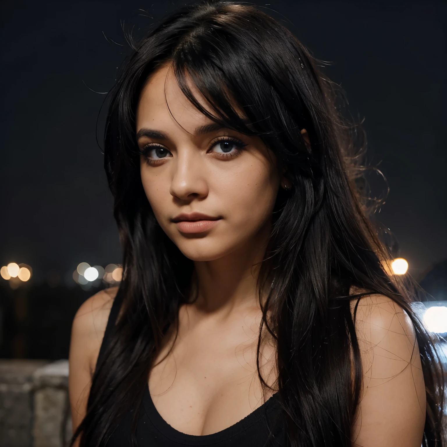 Cabello largo con volumen color negro ojos azules claros con serpientes en su pelo alrededor de sus rulos con una mancha de una luna en su mejilla y mujer