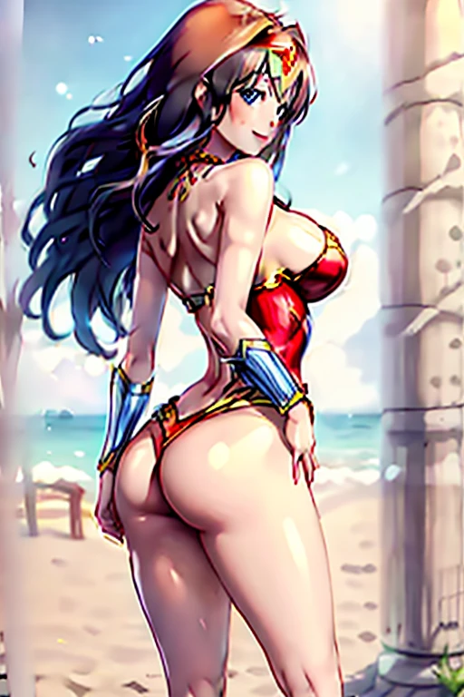 masterpiece, best quality, beautiful art, high resolution, well formed hands, body and fingers, 1 woman, solo, Mata Hari, tiara , long blue hair, blue eyes, adult, big breasted, cleavage, hair ribbon, full body, sexy and skimpy outfit , gorgeous legs and thighs , wearing a wonder woman outfit from the 70's, dancing seductively and erotically, turning backwards and forwards, showing her back and front, showing her butt, bikini thong, smiling joyfully, looking at the viewer, flirting, beach environment