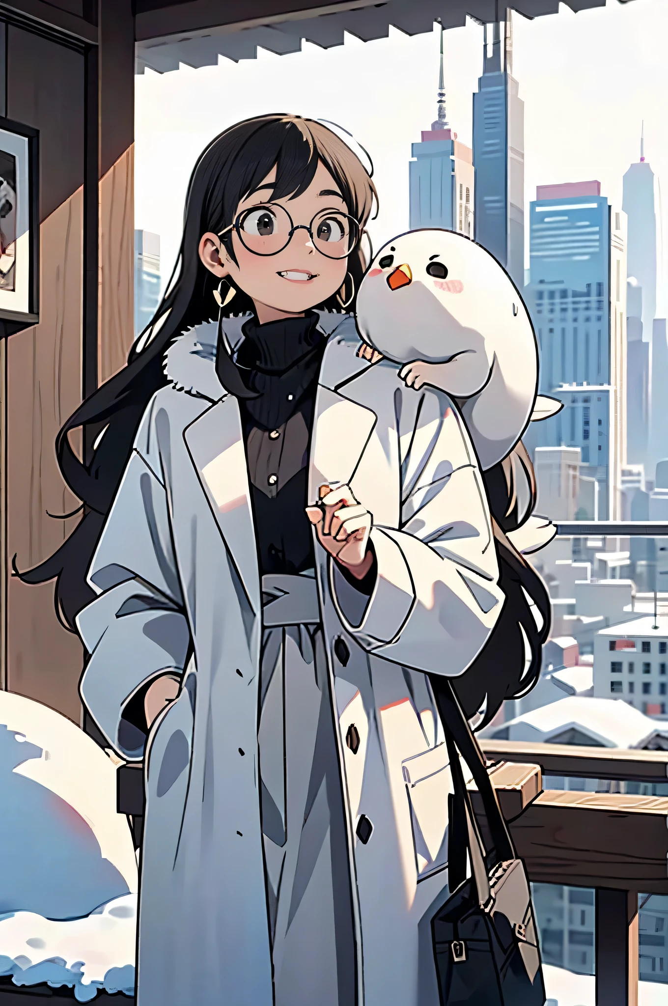 same,, One girl, animal, animal on shoulder, bird, Black-rimmed glasses, Iris, Black Hair, blue null, Cityscape, clear null, coat, Day, Earrings, Wear glasses, Glasses removed, fur coat, Jacket, jewelry, Long Hair, Look to the side, Outdoor, Power lines, Red lips, null, smile, snow, alone, sunglasses, white bird, white coat, winter, winter clothes, , ((masterpiece))