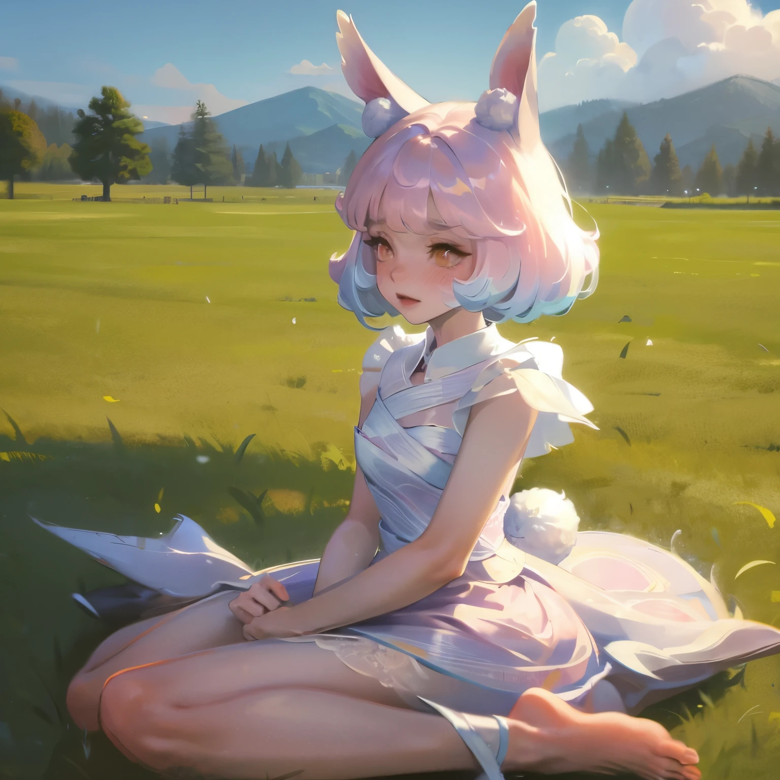 ((masterpiece, best quality)),1 Girl, Solitary, animal ears, rabbit, barefoot, skirt, sit, rabbit ears, Short sleeve, (Teasing, Shy, blush: 1.3), looking at the audience, Grass, short hair, white hair, Puff sleeves, outdoor, fluffy Short sleeve, Bangs, on the ground, whole body, animal, White Dress, Sunlight, Brown eyes, mottled Sunlight, daytime,