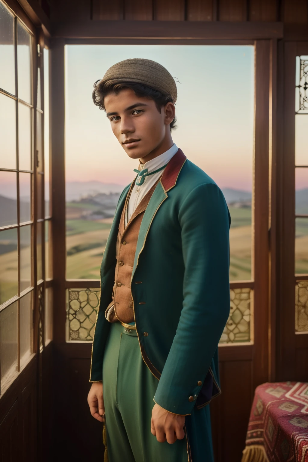 Tangier, 1910. A young ((((18-year-old)) Santiago)), shepherd, in a tea house, colored glass, ((((rural clothings from the 1910s)))), ((hairstyle of the 1910s)), ((colorful))