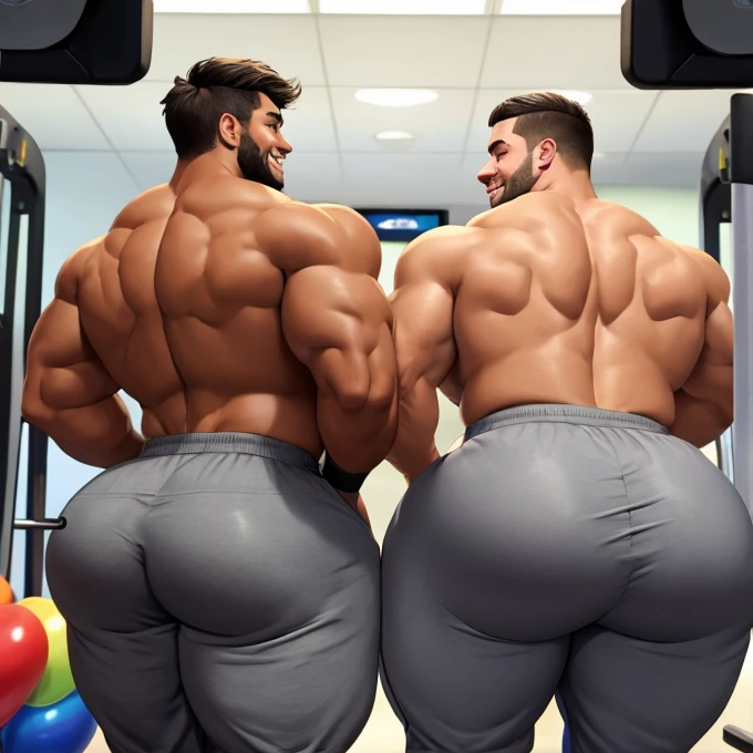 Two male college football players, muscular, jocks, at the gym, athletic, shirtless, dark brown hair, wearing grey sweatpants, big butt, huge ass, curvy men, comically massive ass, bubblebutt, thick, thicc, thick ass, thick legs, thick thighs, huge butt cheeks, ass huge, showing butt to camera, smiling, looking back at camera, big booty, boy booty, men with huge butts, men in grey sweatpants, showing off ass, absolutely massive butt, enormous ass cheeks in grey sweatpants, full ass, round ass, juicy ass, expansive ass, tight sweatpants, filled sweatpants, perky fat butt cheeks, gay for each other, gay, homosexual
