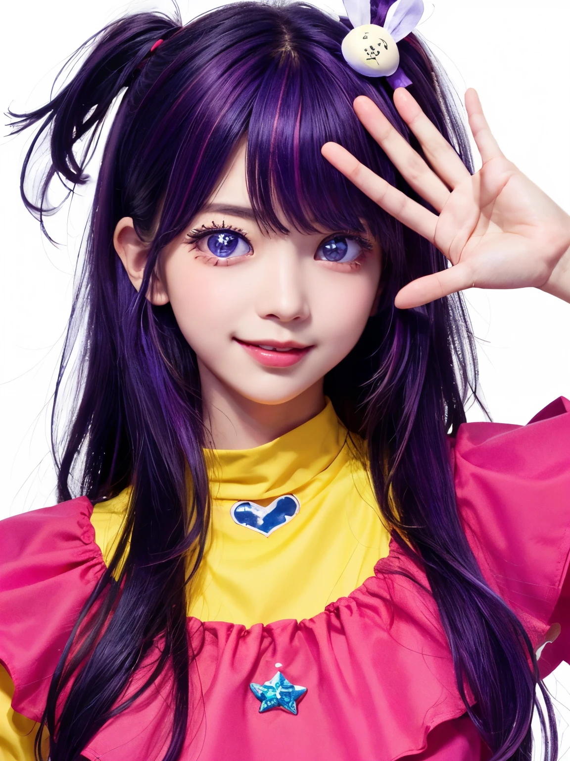1 girl, (masterpiece), (highest quality), (Super detailed), The finer details, (Depth of written boundary), gloves, tongue stickout, tongue, Long Hair, star \ (symbol\), looking at the camera, (Purple Hair: 1.2), Purple eyes, Upper Body, hair ornaments, :p, pink shirt, smile, No sleeve, shirt, Idol, symbol pupil, People raising their hands, bangs, One side up, star-shaped pupil, Arm Raiser, Pull the dress up from the top, peace sign