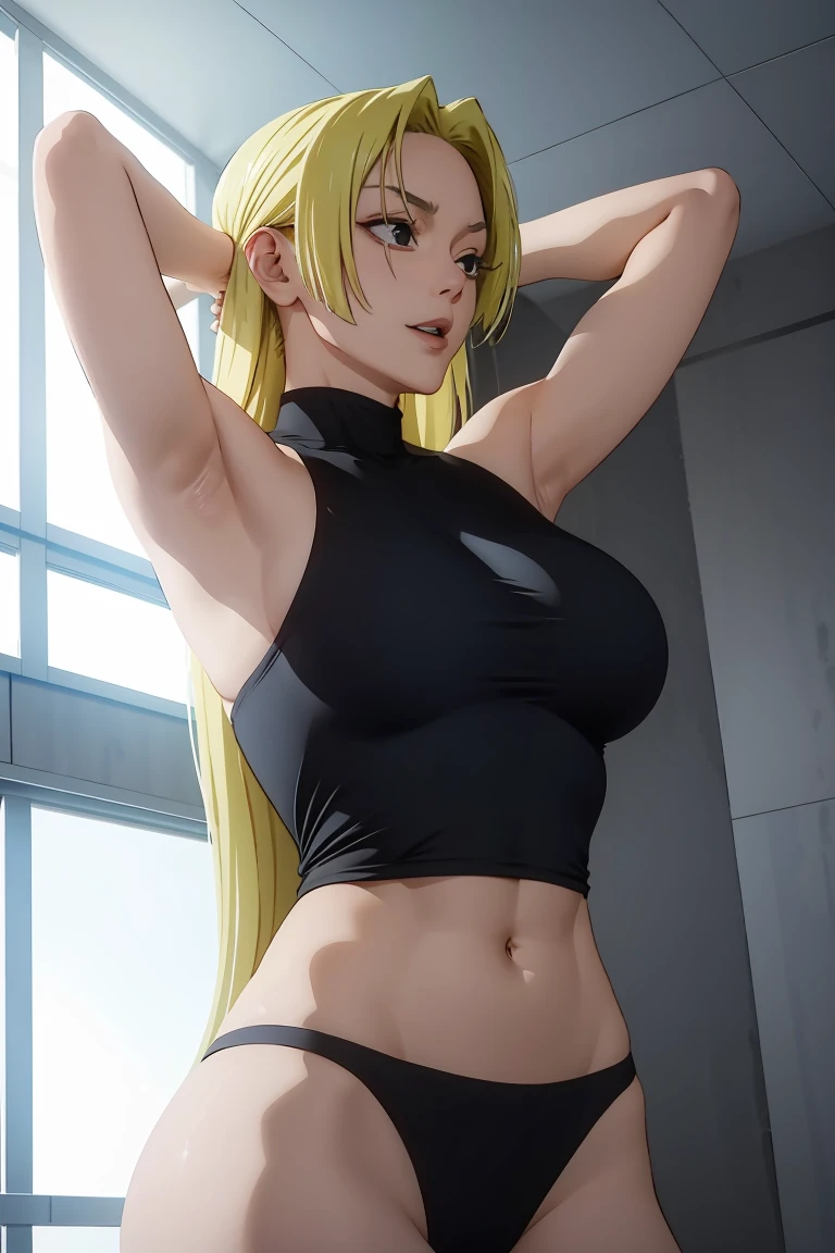 Yuki tsukumo from jujutsu kaisen, nude, long hair, blonde hair, long belly, big , tight body, front view detailed body , arm's above showing armpits, facing camera full view, moaning, laughing 