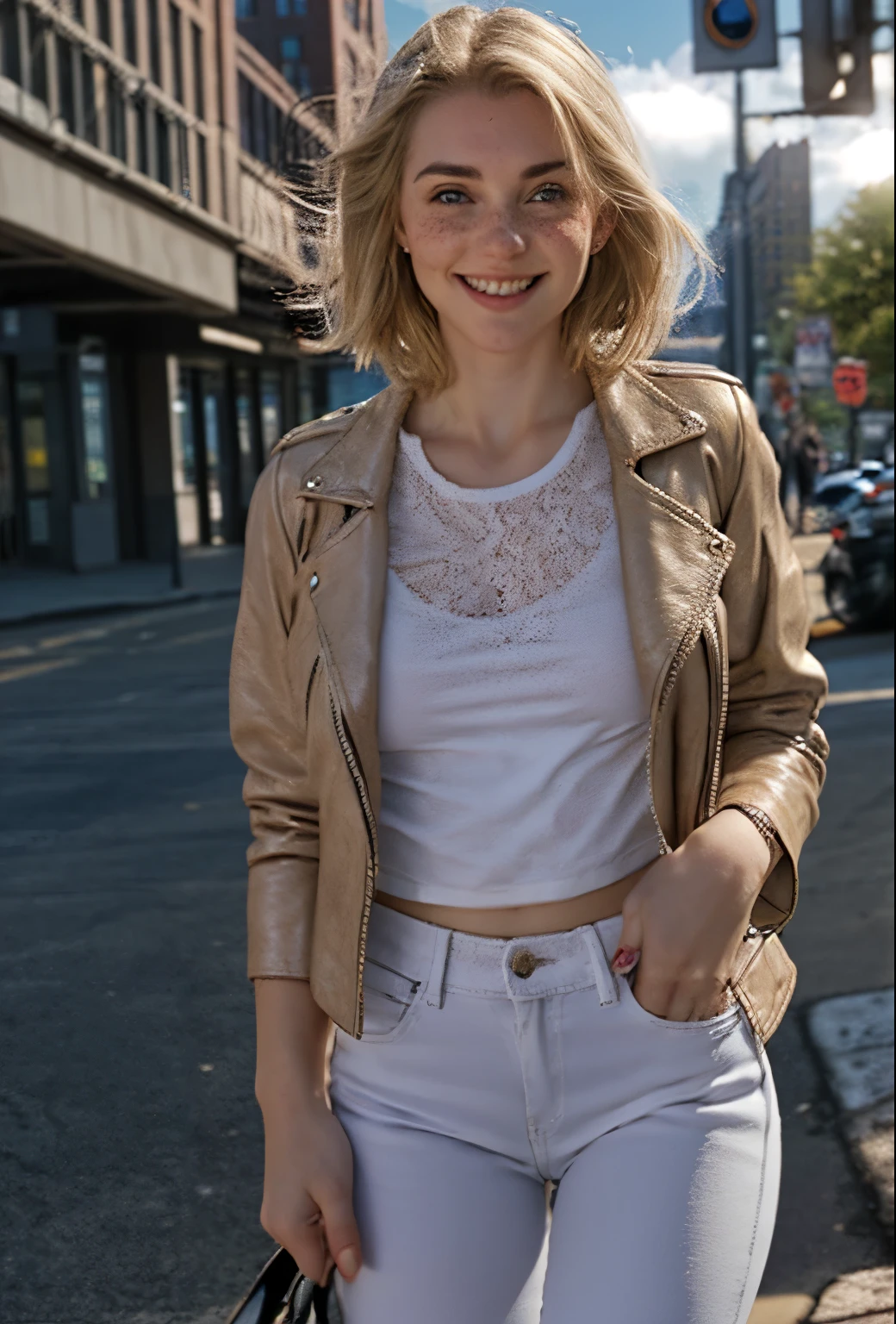 A 21 year old girl named Kate with short blonde hair, medium breasts, her height is 1.60, white British style, Kate is beautiful, angelic face, has freckles in the nose area, Kate is wearing a beige leather women's jacket with a white shirt, kate wears very light jeans with white sneakers, Kate is on the streets of New York at dusk, Kate is very happy because she loves New York