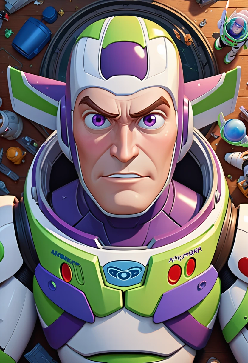 Buzz Lightyear, Buzz Lightyear broken in multiple pieces lies on the floor,view from above,shocked face expression,masterpiece, head and shoulders portrait, 8k resolution concept art portrait by Greg Rutkowski, Artgerm, WLOP, Alphonse Mucha dynamic lighting hyperdetailed intricately detailed Splash art trending on Artstation triadic colors Unreal Engine 5 volumetric lighting