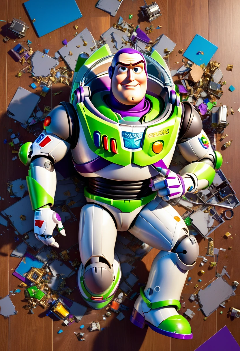 Buzz Lightyear, Buzz Lightyear broken in multiple pieces lies on the floor,view from above,shocked face expression,masterpiece, head and shoulders portrait, 8k resolution concept art portrait by Greg Rutkowski, Artgerm, WLOP, Alphonse Mucha dynamic lighting hyperdetailed intricately detailed Splash art trending on Artstation triadic colors Unreal Engine 5 volumetric lighting