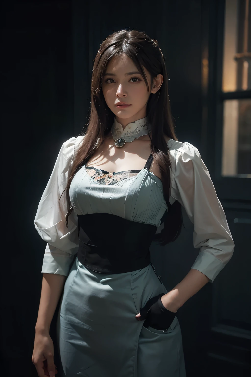 (front focus), (in the dark:1.6), Hyperrealist portrait of female by david hockney and alphonse mucha, fantasy art, photo realistic, dynamic lighting, artstation, poster, volumetric lighting, very detailed faces, 4 k, award winning, 1girl, in the dark, deep shadow, low key, cowboy shot, (official clothing:1.4), long hair, white hair