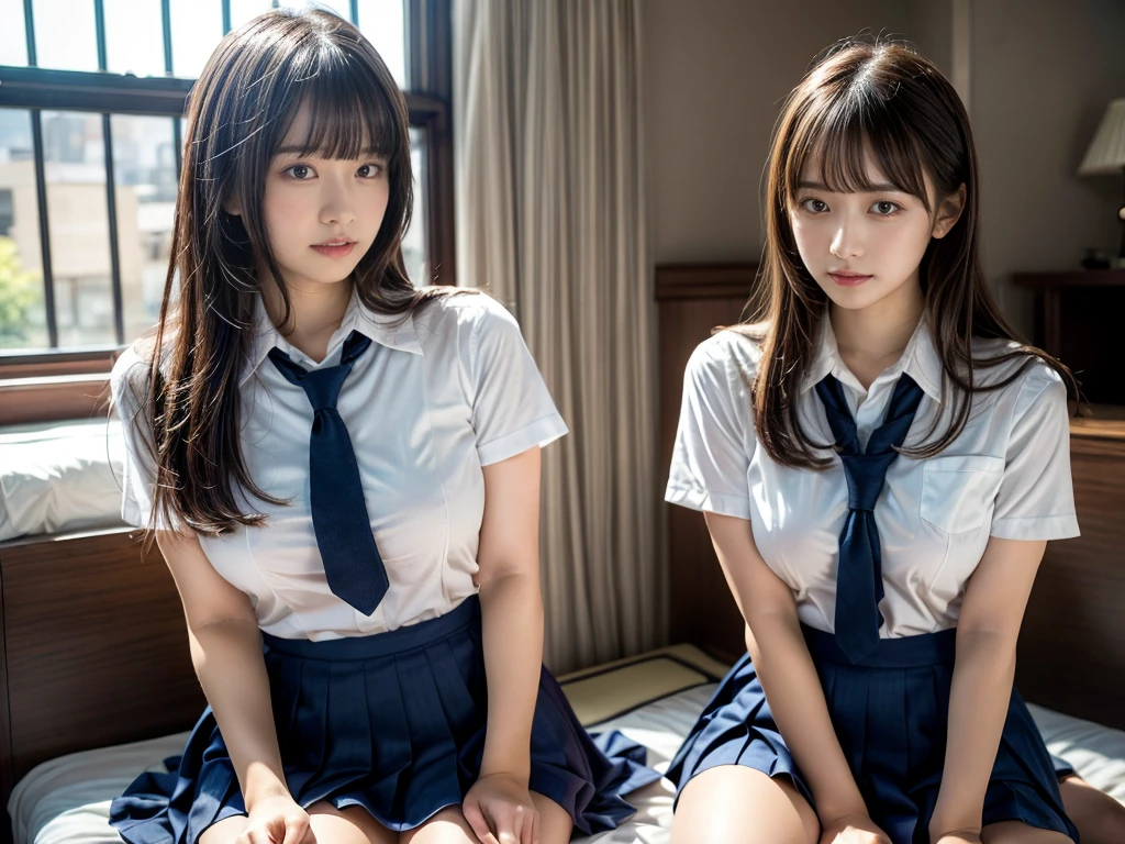 (RAW photo, 4k, masterpiece, high resolution, extremely complex) (realistic: 1.4), cinematic lighting
((2 girls, 2 schoolgirls)),Slam Dunk's,blushing,((innocent)),(Dark makeup),bright eyes,round eyes,blunt bangs,(straight hair:1.3),black hair,large breasts,wide hips,Summer Noon, 20 year old girl、cute type、ta,Hot, (Best Quality), (Highres), (an Extremely Delicate and Beautiful),(Beautiful 8k face),(Brown eyes),short bob hair,( spectators),(gigantic breasts),(Play with each other,Touching each other's bodies,Touching the body),(Japanese high school uniform:1.3),blue skirt,(reality),bright lighting,(The background is a luxury hotel room)
