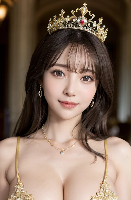 Princess , in castle, high quality, super quality, (detailed face:1.4) ,beautiful woman , golden eyes, long blonde hair , tight gorgeous dress, tiara, necklace , earring , sharpe eyebrow , beautiful bangs are covering her eyes , huge breast  ,upper body  , smile 