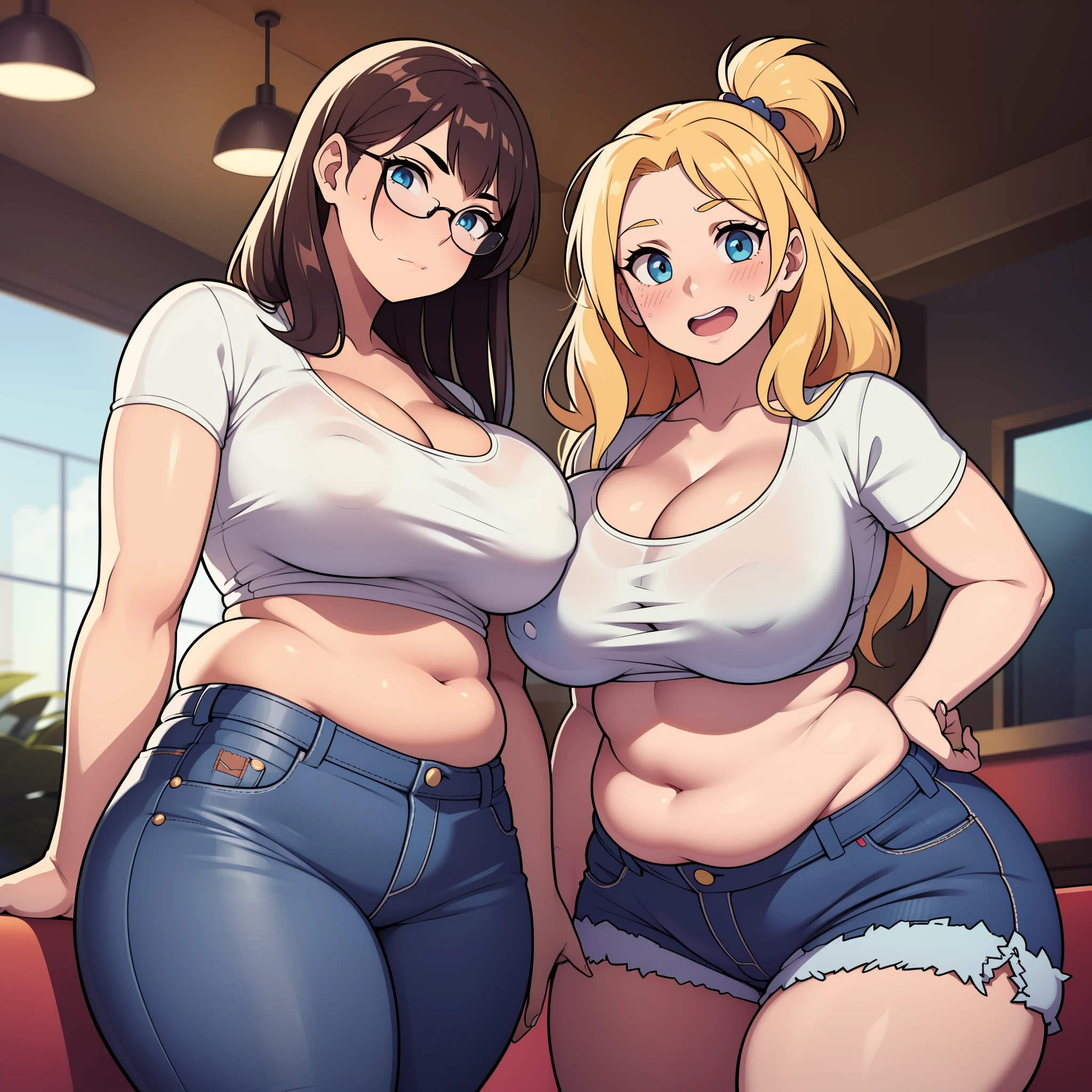 ((highres)), Masterpiece, high quality, best quality, beautiful, perfect lighting, detailed face, ultra cute face, ((2girls)), blush, one girl has blonde hair, blue eyes, crop top and shorts, one girl has brown hair, green eyes, jeans, white shirt, fast food restaurant, cleavage, medium breasts, ((wide hips)), (thick thighs), ((plump)), chubby belly, belly grab, fat folds, standing next to each other,
