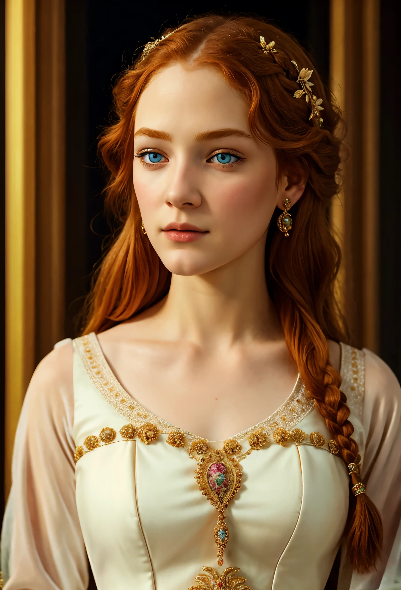 1girl, 18yo, formal clothes, fanciful braided ginger hair, detailed face, beautiful blue eyes, detailed nose and lips, long eyelashes, porcelain skin, serene expression, elegant posture, intricate floral dress, mid-shot, dramatic lighting, warm color palette, photorealistic, 8k, ultra-detailed, masterpiece,  full body