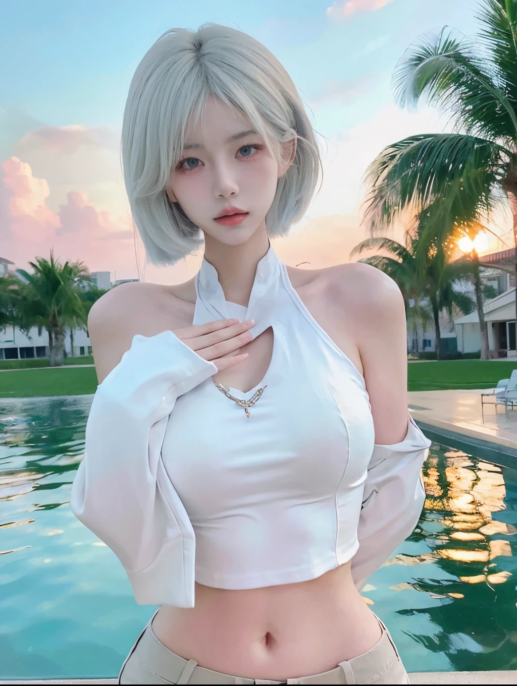 Beautiful woman with perfect body：1.4，layered hairstyle，prominent cleavage，bikini：1.5，ultra short pleated skirt，whole body，Highly detailed facial and skin textures，double eyelids，whiten skin，long white hair