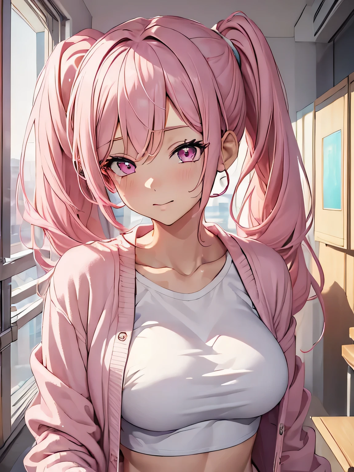 (masterpiece, best quality:1.4), 8k, Close Up, Light Pastel Pink Hair, long Side Ponytail Hair, Young adult, anime girl, Happy, light Pink Eyes, Big Chest, White Crop top, Pink Cardigan (detailed eyes and face, sharp pupils, realistic pupils:0.6)