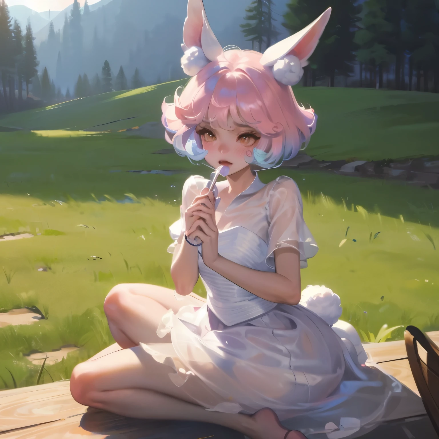 ((masterpiece, best quality)),1 Girl, Solitary, animal ears, rabbit, barefoot, skirt, sit, rabbit ears, Short sleeve, (Teasing, Shy, blush: 1.3), looking at the audience, Grass, short hair, white hair, Puff sleeves, outdoor, fluffy Short sleeve, Bangs, on the ground, whole body, animal, White Dress, Sunlight, Brown eyes, mottled Sunlight, daytime,