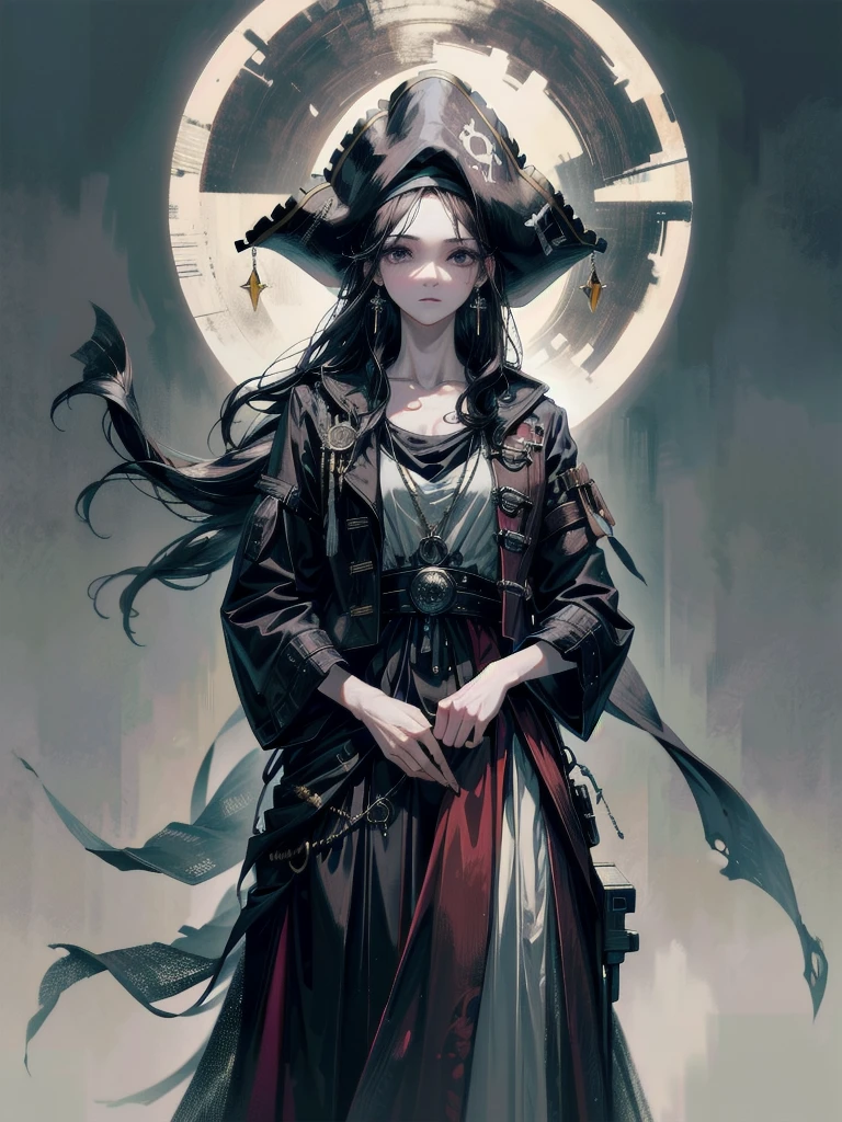 Practical pirate clothing, Long-sleeved pirate top, Skirt,Torn pirate hat, absurdres, RAW photo, extremely delicate and beautiful, masterpiece, Best Quality, ultra high resolution, 32k, hyperrealistic, ultra-detailed, perfect figure, tearful mole, earring, whole body shot, short medium hair, wavy hair,