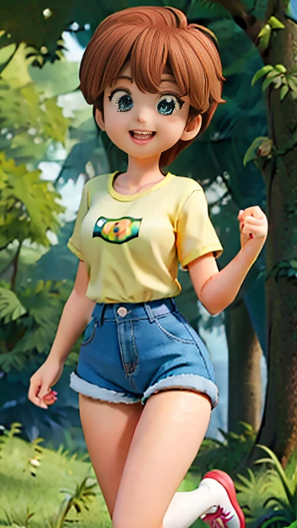 1 girl, hiyama Hikaru, running along a forest path, wearing short jean shorts and thigh high socks, and a bright green, tight, shirt, grinning ear to ear, bright sunny day