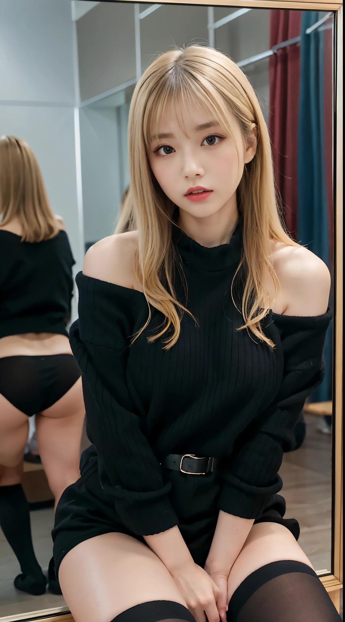 Japanese Beauty、Blonde、Gal、Selfie、Black knit sweater、Shoulder Bare、Big Breastquat、Mirror photo、Reflected in the mirror、Thighs、、Sitting garter belt Knee-high socks