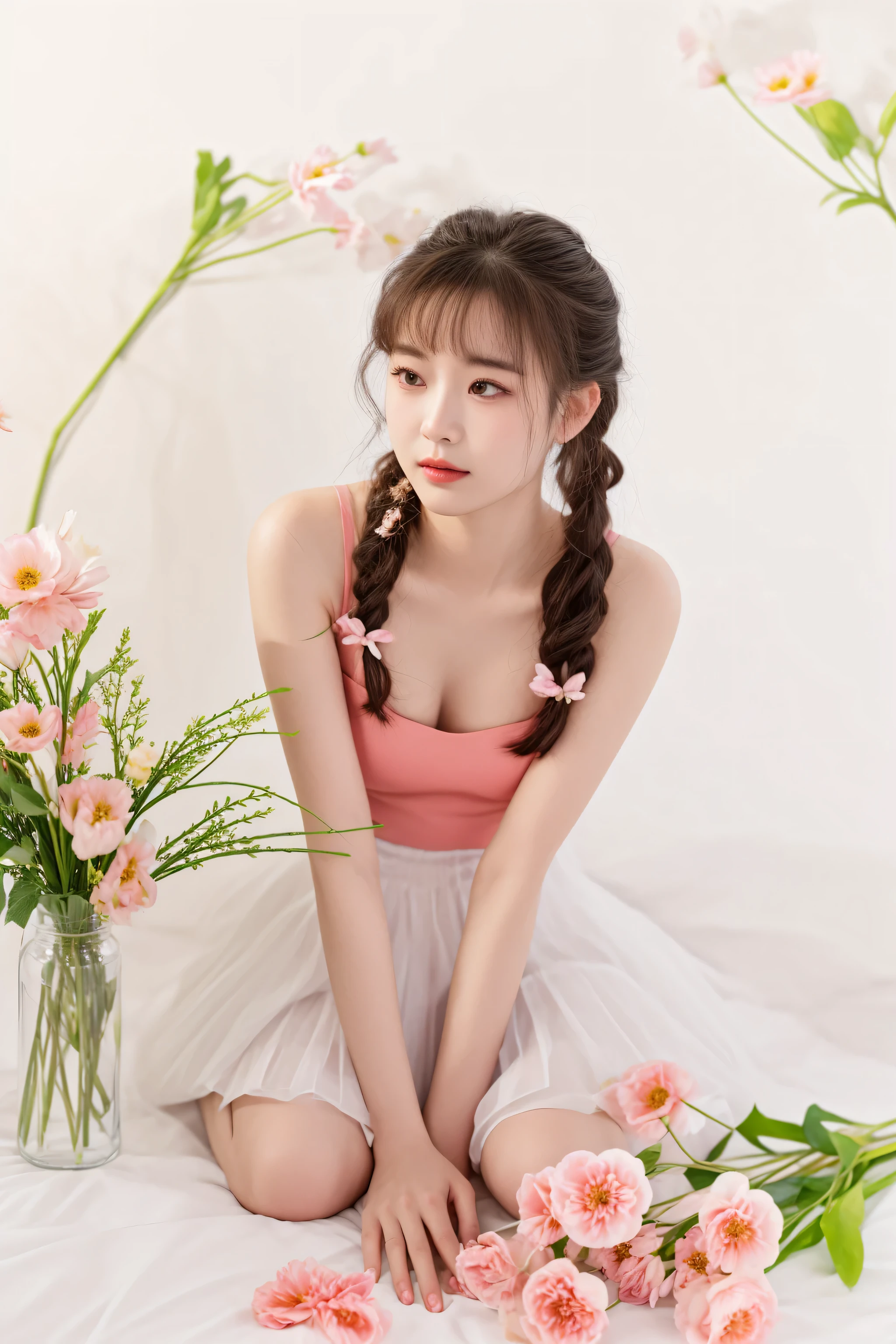 there is a woman sitting on a bed avec des fleurs in a vase, sakimichan, Hungry Ghost Festival, avec des fleurs, chiho, shaxi, pretty elegant pose, séance photo en solo, prise avec canon eos 5 d mark iv, sakimi-chan, sitting avec des fleurs, Mignon et charmant, Yoshitomo Nara