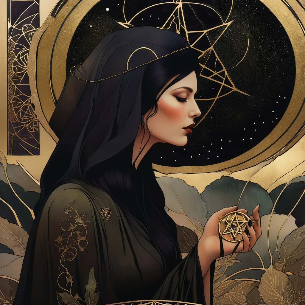 tarot card, chiaroscuro technique on sensual illustration of an queen of pentacle, vintage queen, earthy eerie, matte painting, by Hannah Dale, by Harumi Hironaka, extremely soft colors, hint of gold vibrant, highly detailed, digital artwork, high contrast, dramatic, refined, tonal, highest quality，anatomy correct，ultra-wide-angle，depth of fields. Holding the pentacles