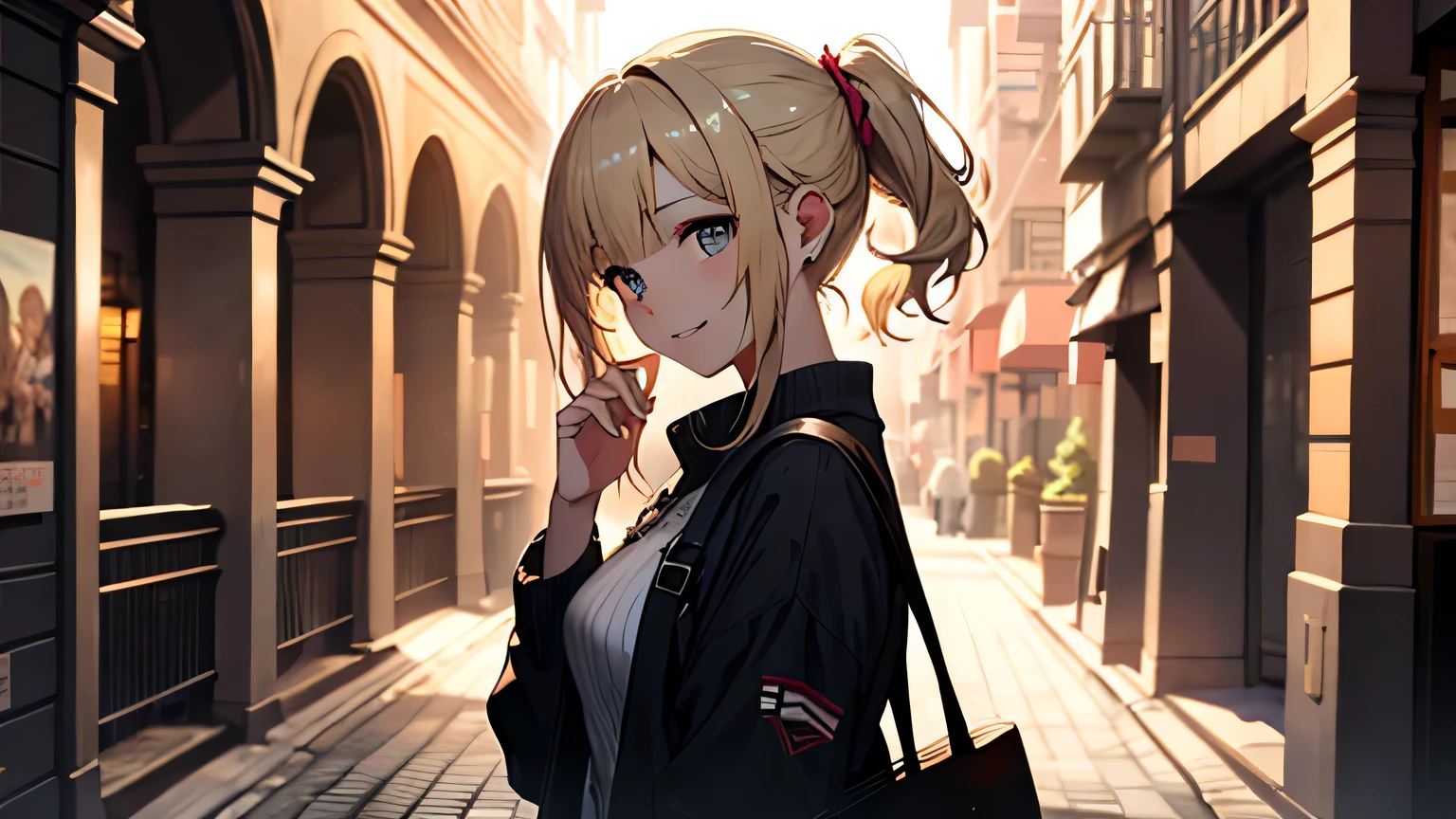 ((highest quality)), ((masterpiece)), (detailed), Perfect Face、evening、Return from date、Shy laugh、blonde、Smooth Hair、ponytail、Fashionable clothes、Angle from the side、