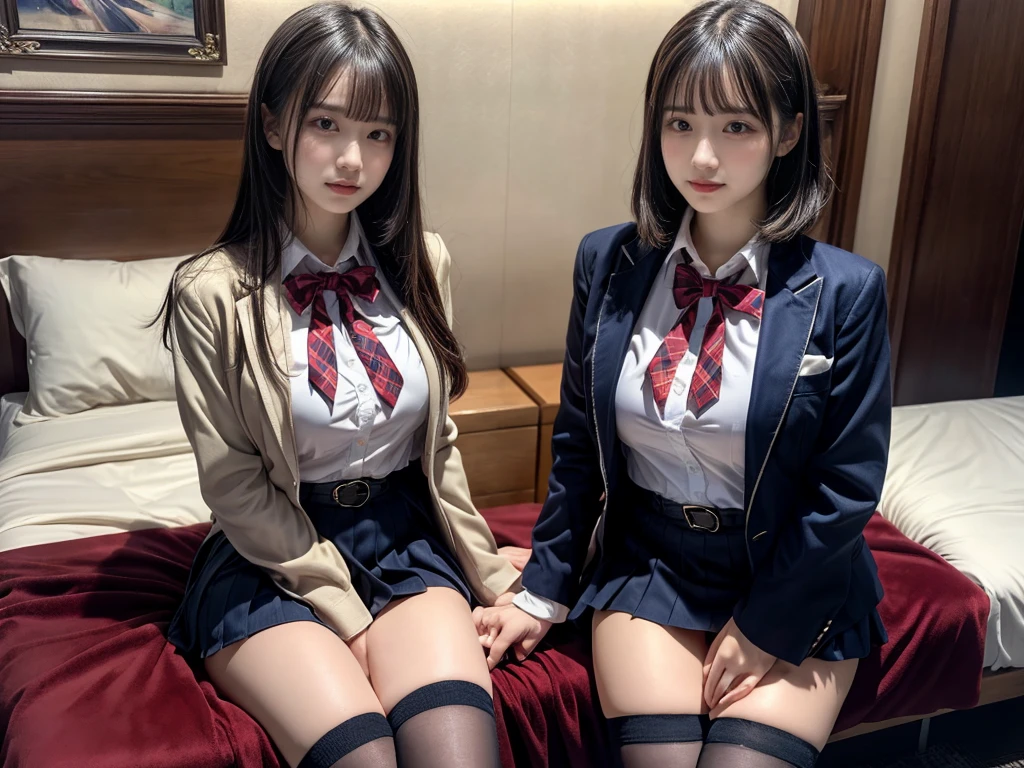 (8K, Raw photography, top-quality, masterpiece:1.2), master piece, best quality, illustration, Super detailed, fine details, High resolution, 8K,wall paper, perfect dynamic composition,(Details High quality, realistic depiction of eyes:1.3), ((2 girls, 2 schoolgirls)), The background is a luxury hotel room、High school girl uniform、blazer 、Super Short Check Uniform Skirt、Navy blue high socks、garterbelts、Colossal tits、Disturbed uniform, Play with each other,Touching each other's bodies,Touching the body of the girl next door, short bob hair, black hair color, huge breasts, Big Natural Color Lip, bold sexy pose, (perfect body shape), crying a little、cold gaze, Beautiful makeup,glitter makeup,Cutest 18 years old, beautiful legs, hposing Gravure Idol, Voluptuous thighs