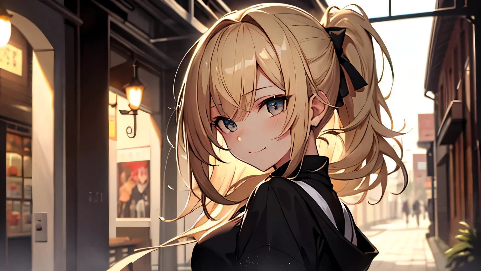 ((highest quality)), ((masterpiece)), (detailed), Perfect Face、evening、Return from date、Shy laugh、blonde、Smooth Hair、ponytail、Angle from the side、