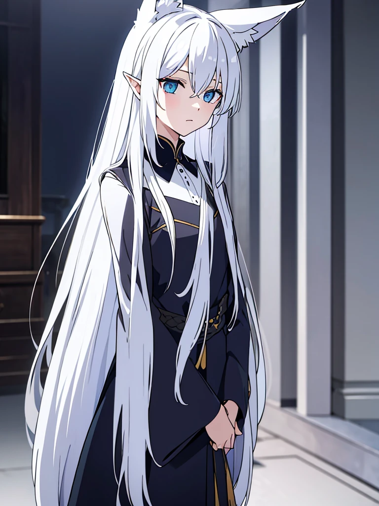 Best quorty,wolf ears,ears up,pointy ears,very long hair,white hair,sidelocks,hair between eyes,crossed bangs,blue eyes