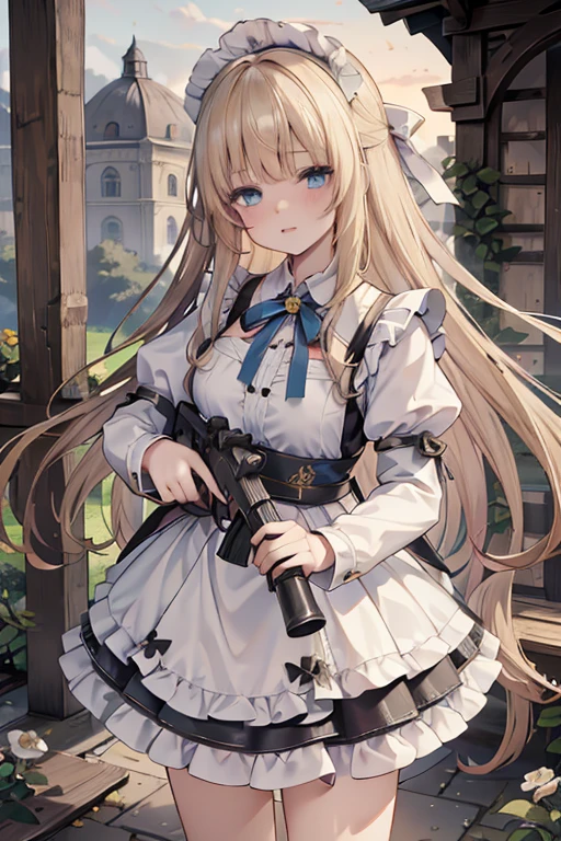 (8k, highest quality, Tabletop:1.2)、Ultra-high resolution, 14-year-old girl, Perfect Fingers, Detailed face, blue eyes, blonde, Straight hair, Long Hair, Black maid outfit, Western-style building、garden、of、Assault rifle