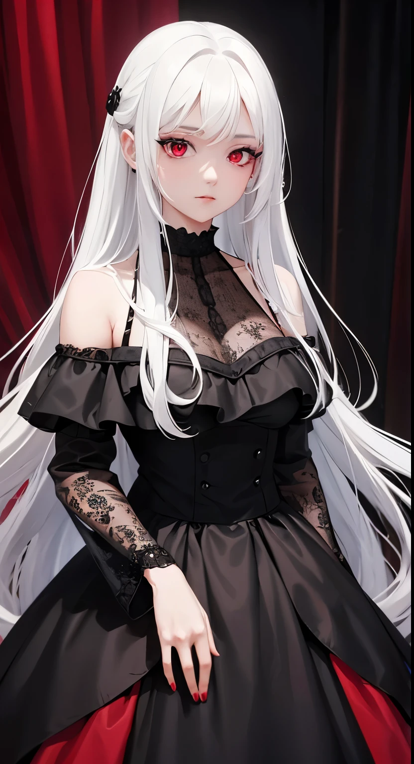 Woman in a black and red dress, girl wearing a black and red dress, in dress, beautiful alluring woman, cute waifu in a nice dress, gothic maiden girl, red eyes, white hair, 8k high-quality detailed art, beautiful anime girl, beautiful anime woman, attractive anime girl, white hair