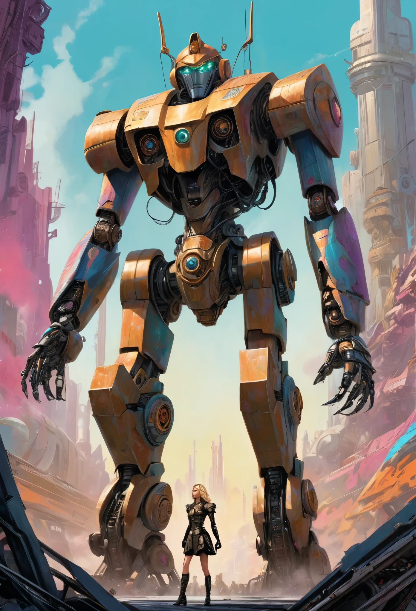 There was a woman standing in front of a giant robot, Inspired by Ken Kelly, epic album cover, Imogen Poots as Paladin, Vibrant Colors by Ralph Horsley, mighty princess of the wasteland, Skynet, intricate biopunk patterns, Queen of Warriors, Krull