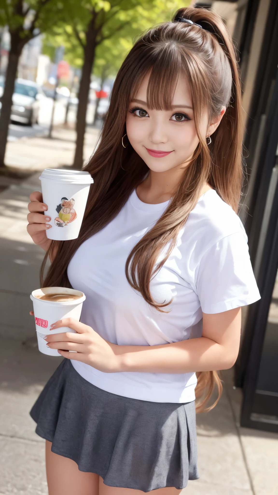 Bright outdoors、Walking around town、((masterpiece))、((top-quality))、a picture、Realisticity、high-level image quality、Advanced depth of field、ultra-detailliert、Realistic lighting、((white tight t-shirt with new york printed on it)),black skirt))、((Close to close、Right in front of you))、married woman、in her 20s、Delicate facial features、long wave-brownhair、ponytail、Realistic backgrounds and accessories、large full breasts、valley、Plump body、Sexy smile、Serious gaze、from above、Have a cup of coffee in a paper cup