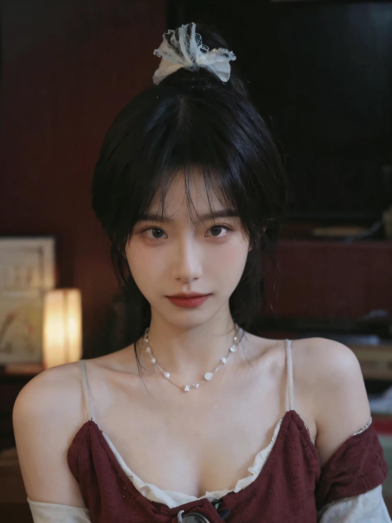 Film portrait photography, 2 girls, Bare shoulders,Lipstick，（flat chest：1.4）， Wear a necklace，Cute expression,Exquisite makeup，Red suspenders，serene, calm, (Realistic and detailed eyes, Natural skin texture, Realistic facial details), Big breasts：1.6，Big Breasts，Soft dramatic lighting, Depth of Field, Bokeh, Vibrant details, Detailed and detailed, Surreal, 35mm film, hazy, ,
