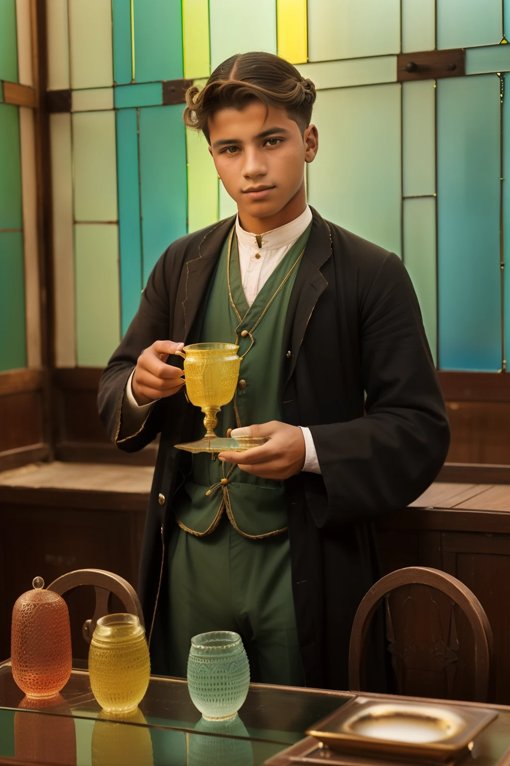 Tangier, 1910. A young ((((18-year-old)) Santiago)), tea ceremony, (((colored glass cups))), ((((rural clothings from the 1910s)))), ((hairstyle of the 1910s)), ((colorful))