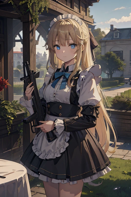 (8k, highest quality, Tabletop:1.2)、Ultra-high resolution, , Perfect Fingers, Detailed face, blue eyes, blonde, Straight hair, Long Hair, Black maid outfit, Western-style building、garden、of、Assault rifle