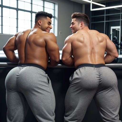 Two male college football players, muscular, jocks, at the gym, athletic, shirtless, dark brown hair, wearing grey sweatpants, big butt, huge ass, curvy men, comically massive ass, bubblebutt, thick, thicc, thick ass, thick legs, thick thighs, huge butt cheeks, ass huge, showing butt to camera, smiling, looking back at camera, big booty, boy booty, men with huge butts, men in grey sweatpants, showing off ass, absolutely massive butt, enormous ass cheeks in grey sweatpants, full ass, round ass, juicy ass, expansive ass, tight sweatpants, filled sweatpants, perky fat butt cheeks, gay for each other, gay, homosexual