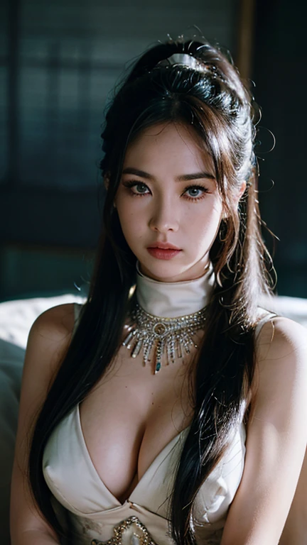 Masterpiece, Artgerm (Stanley Lau) style, mystic (middle east) aesthetic, best quality, ultra realistic, 16k, crazy resolution, UHD, ultra-detailed, detailed eyes, detailed skin, detailed hair, detailed face, detailed fabric, detailed texture, ( 1 beautiful young woman, alone: 1.1), medium light black hair with ponytail, hot, vibrant blue eyes, pale white skin, portrait, rocker clothes, High detail RAW color art, (detailed skin, skin texture), (Muscle) detail, sharp focus, dramatic and photorealistic painting art of midjourney, natural breasts, (sideboob:1.2), jewelry, (realistic eyes), cowboy shot, V-shaped real eyes, ((hourglass shape)), hot naked, ( Blurred in vibrant cinematic light), atmosphere warm, Show all, ultra-detailed, fine details, nude, narrow waist, (proportional) big hips, thick thighs, sexy, Natural Color Lip, face with expression of pleasure and tiredness, different sensual poses in different angles, dark room gothic with cinematic lights (blurred background)、20 years old、dream atmosphere 